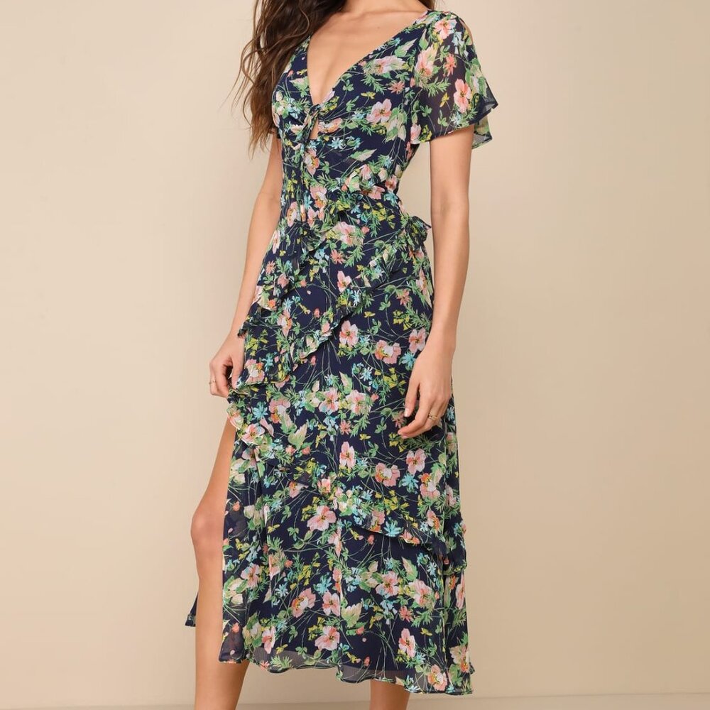 Floral Backless Midi Dress - Romantic & Elegant | Ruffled Special Occasion Dress